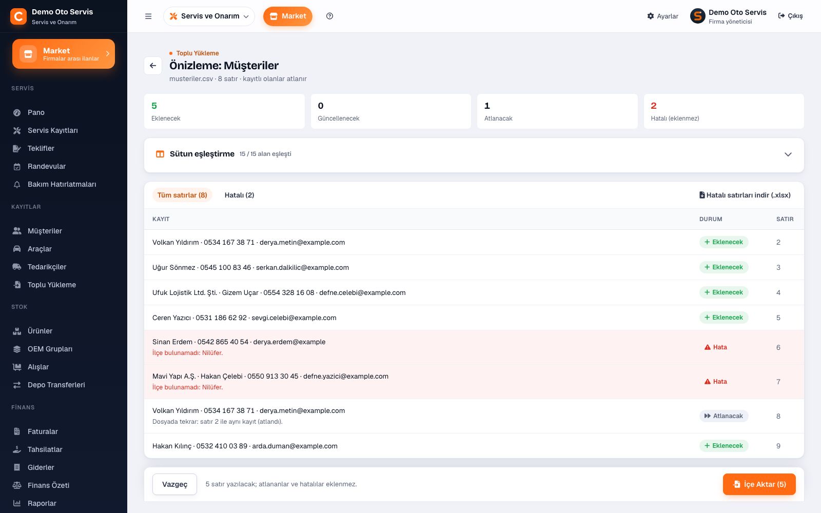 Excel / CSV toplu yükleme önizlemesi: sütun eşleştirme ve satır satır durum